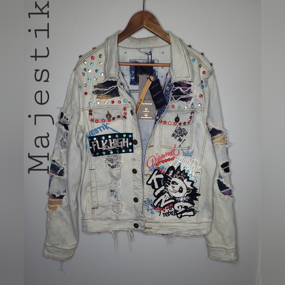 Majestik Distressed Ice Blue Denim Embellished Jacket Men's Size Large NWT